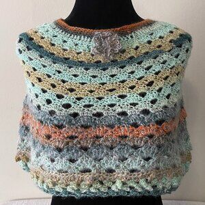 Handmade Crochet Blue Orange Multicolour Wool Angora Mohair Blend Short Capelet